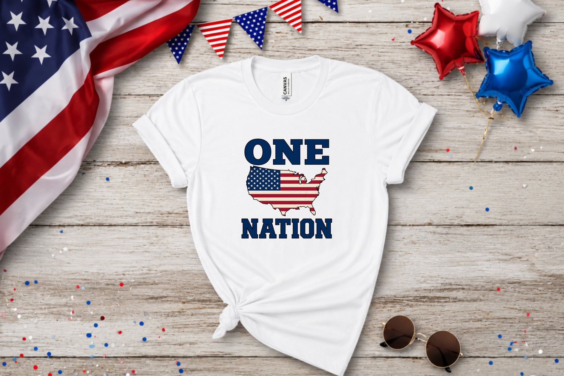 White t-shirt with "ONE NATION" and US flag map design.