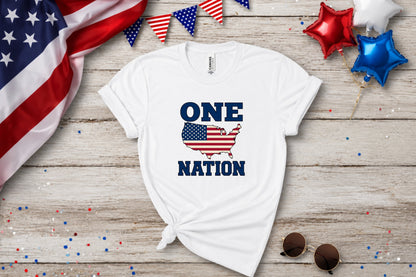 White t-shirt with "ONE NATION" and US flag map design.