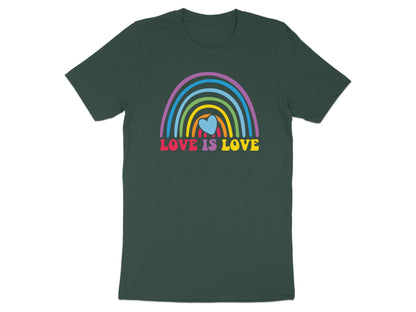Dark green t-shirt with rainbow and "LOVE IS LOVE" text.
