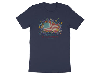 Navy t-shirt with floral American flag and "America 250 Years of Freedom 1776-2026".