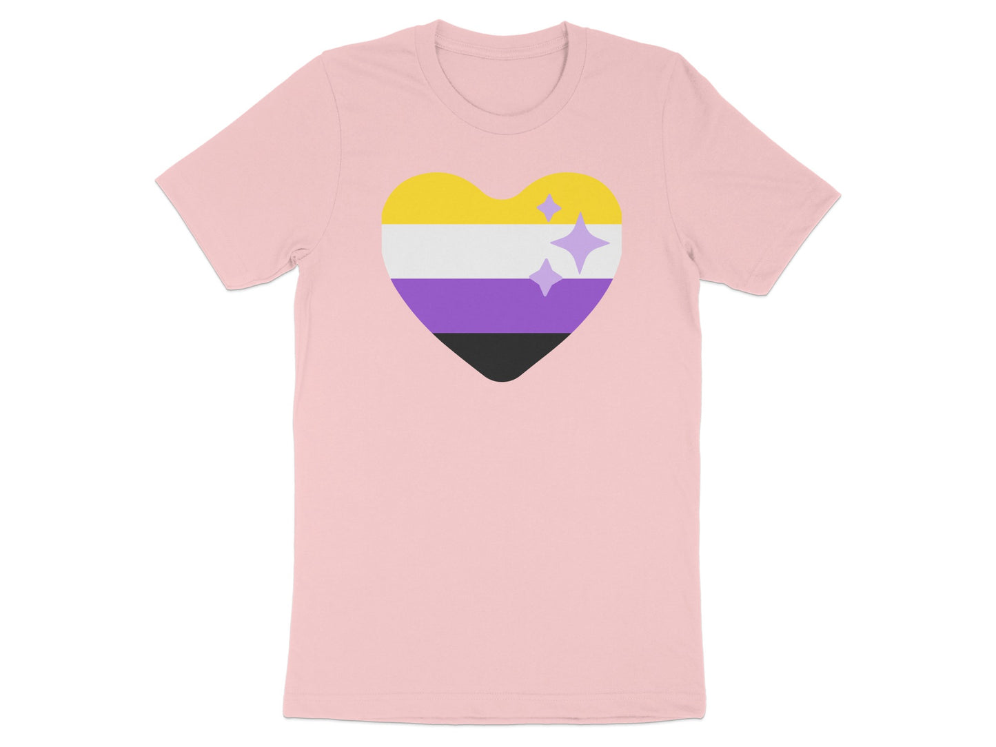 Pink t-shirt with a Non-binary pride heart symbol and sparkles.