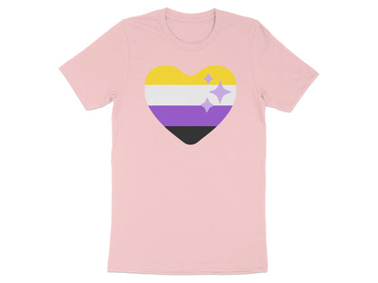 Pink t-shirt with a Non-binary pride heart symbol and sparkles.