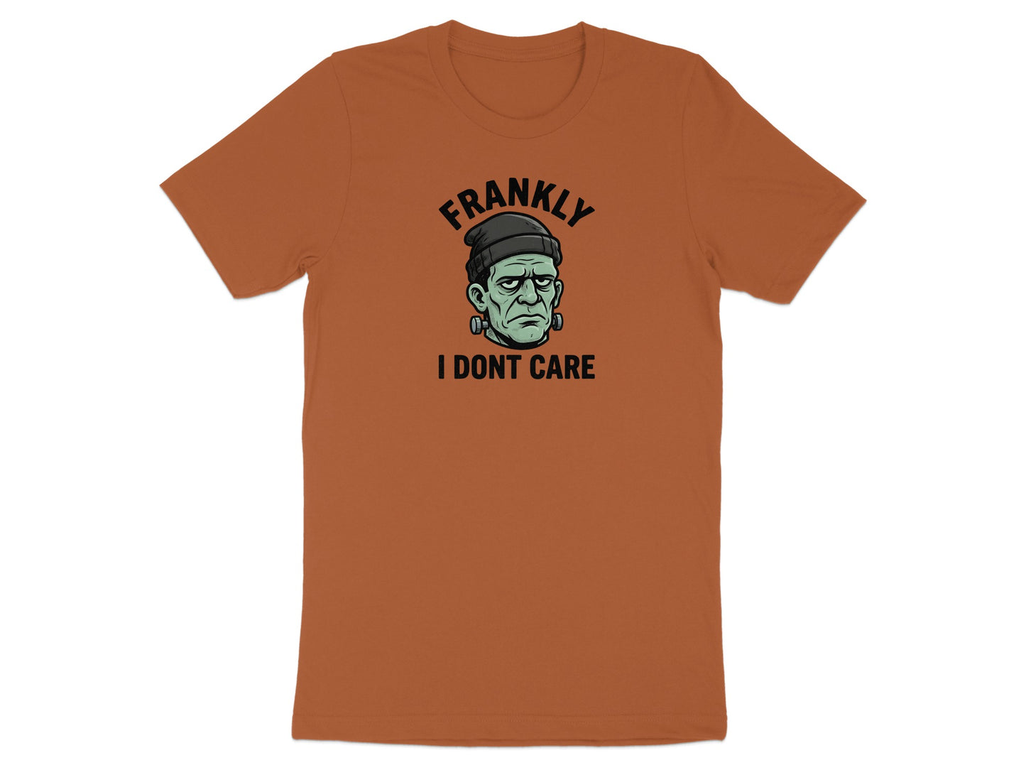 Orange t-shirt with Frankenstein's monster head and text reading "FRANKLY I DONT CARE".