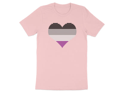 Pink t-shirt with an asexual pride flag heart design.