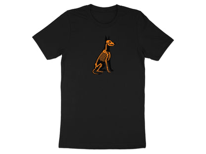 Black t-shirt with an orange dog skeleton graphic on the front.