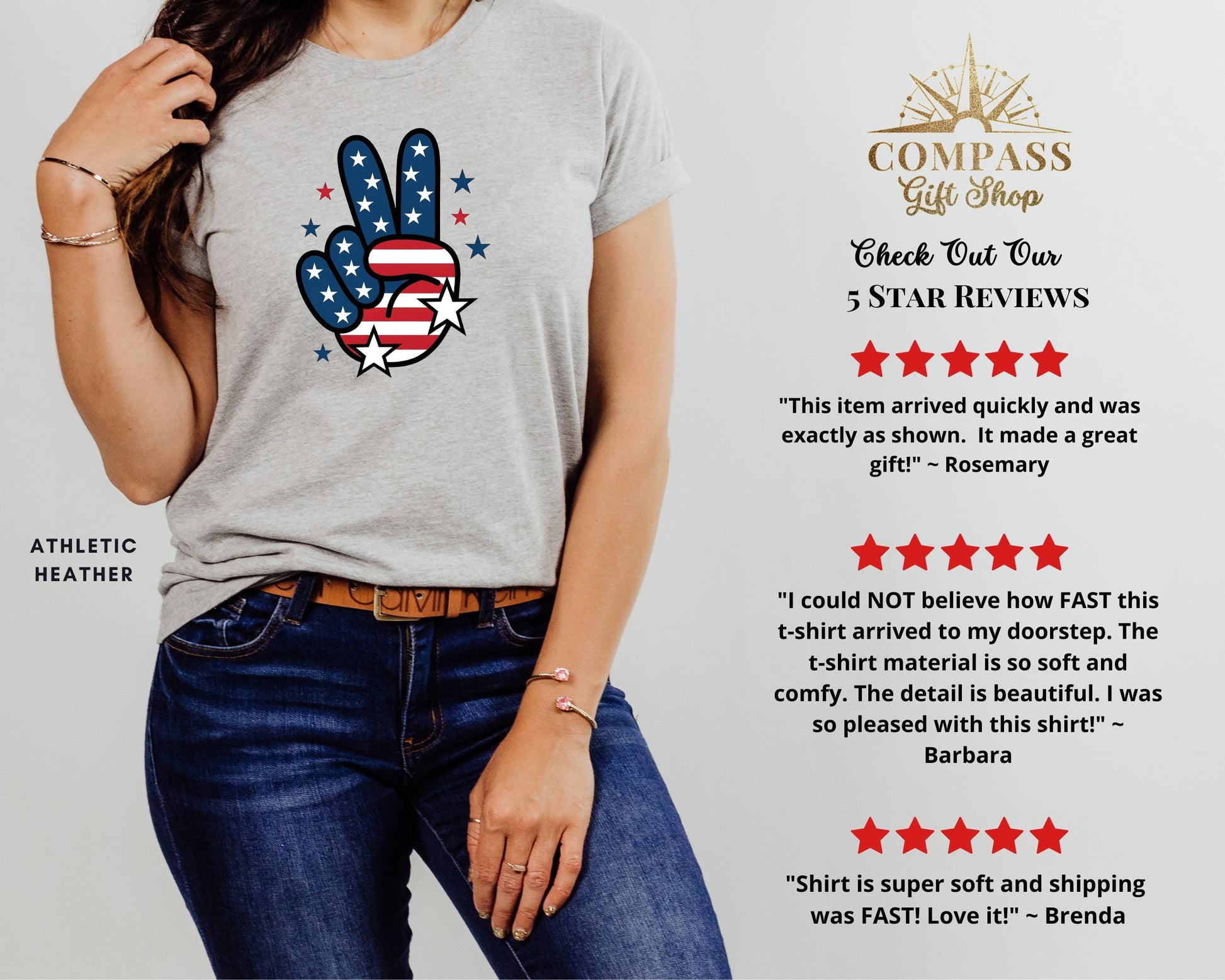 Grey t-shirt with a patriotic peace sign and star print.