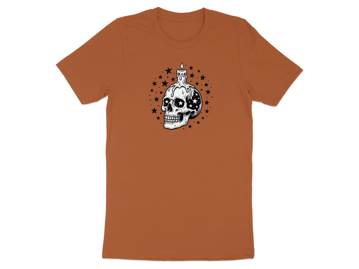 T-shirt with illustration of a skull melting candle surrounded by stars.