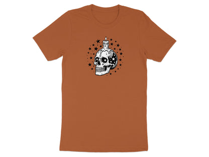 T-shirt with illustration of a skull melting candle surrounded by stars.