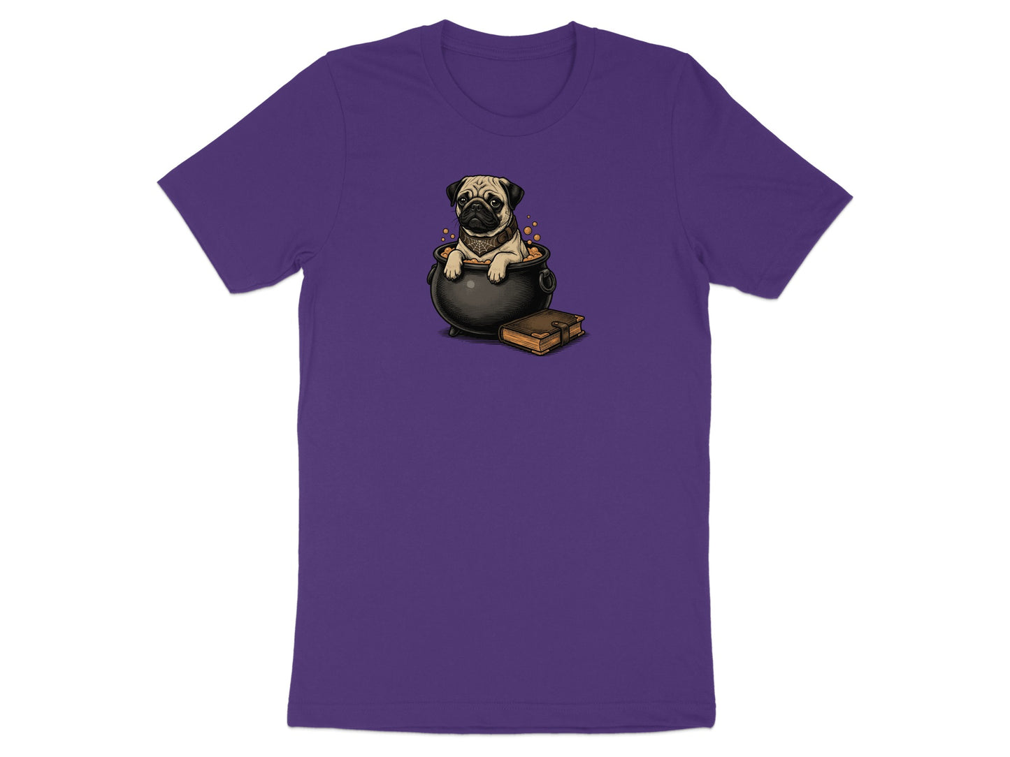 Pug in a cauldron with bubbles and a spellbook, on a purple t-shirt.
