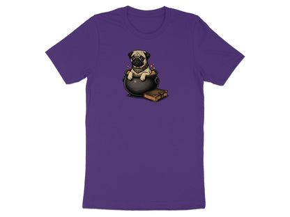 Pug in a cauldron with bubbles and a spellbook, on a purple t-shirt.