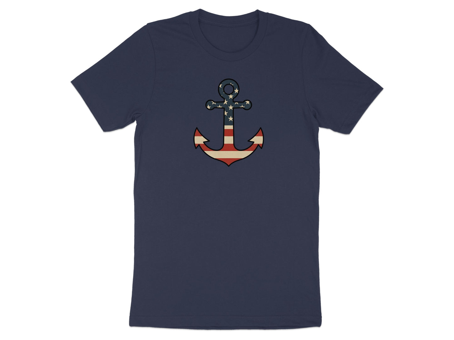 Navy t-shirt with a red, white, and blue striped anchor and stars design.