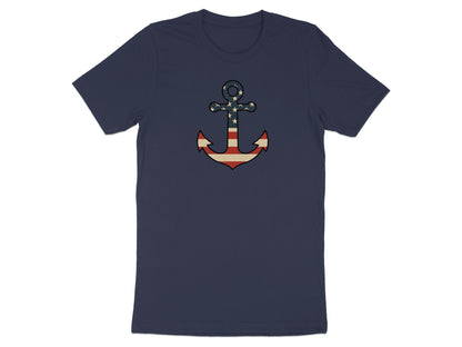 Navy t-shirt with a red, white, and blue striped anchor and stars design.