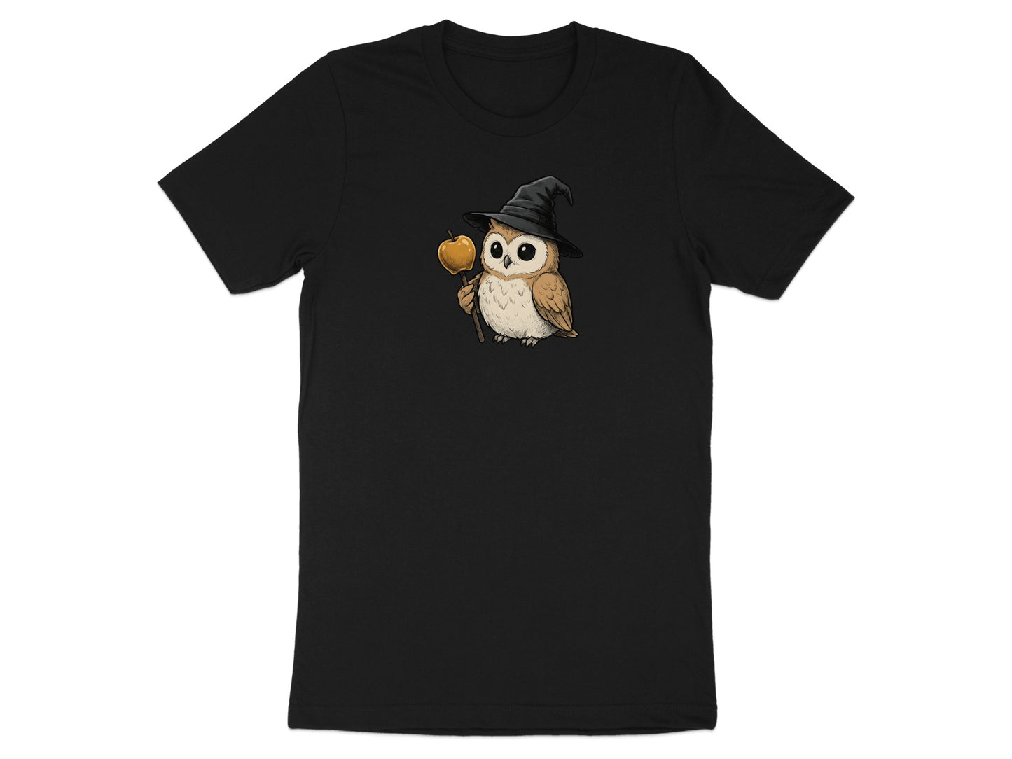 Black t-shirt with a cartoon owl wearing a witch hat and holding a caramel apple.