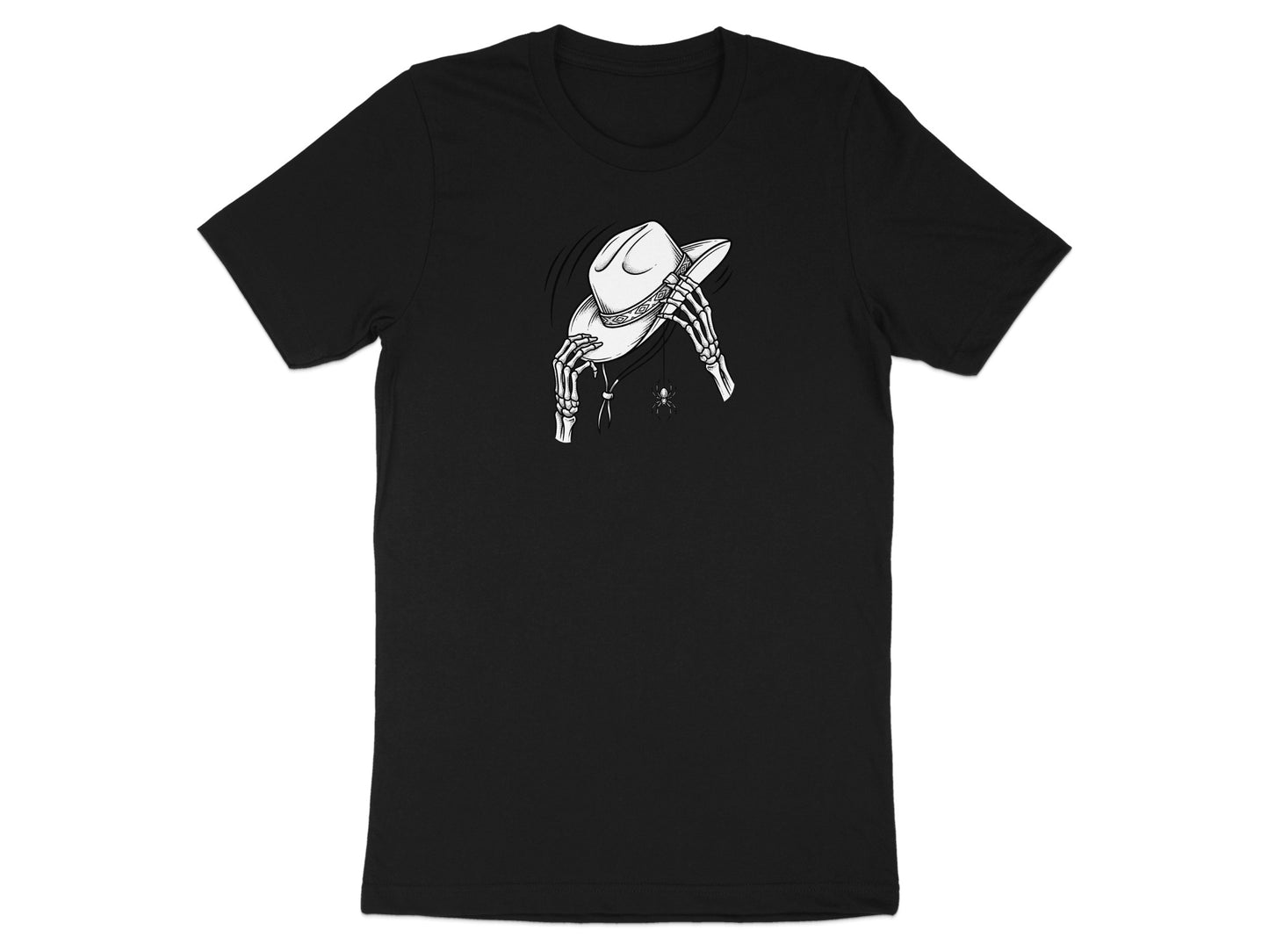 Black t-shirt with skeleton hands holding a cowboy hat and a hanging spider graphic.