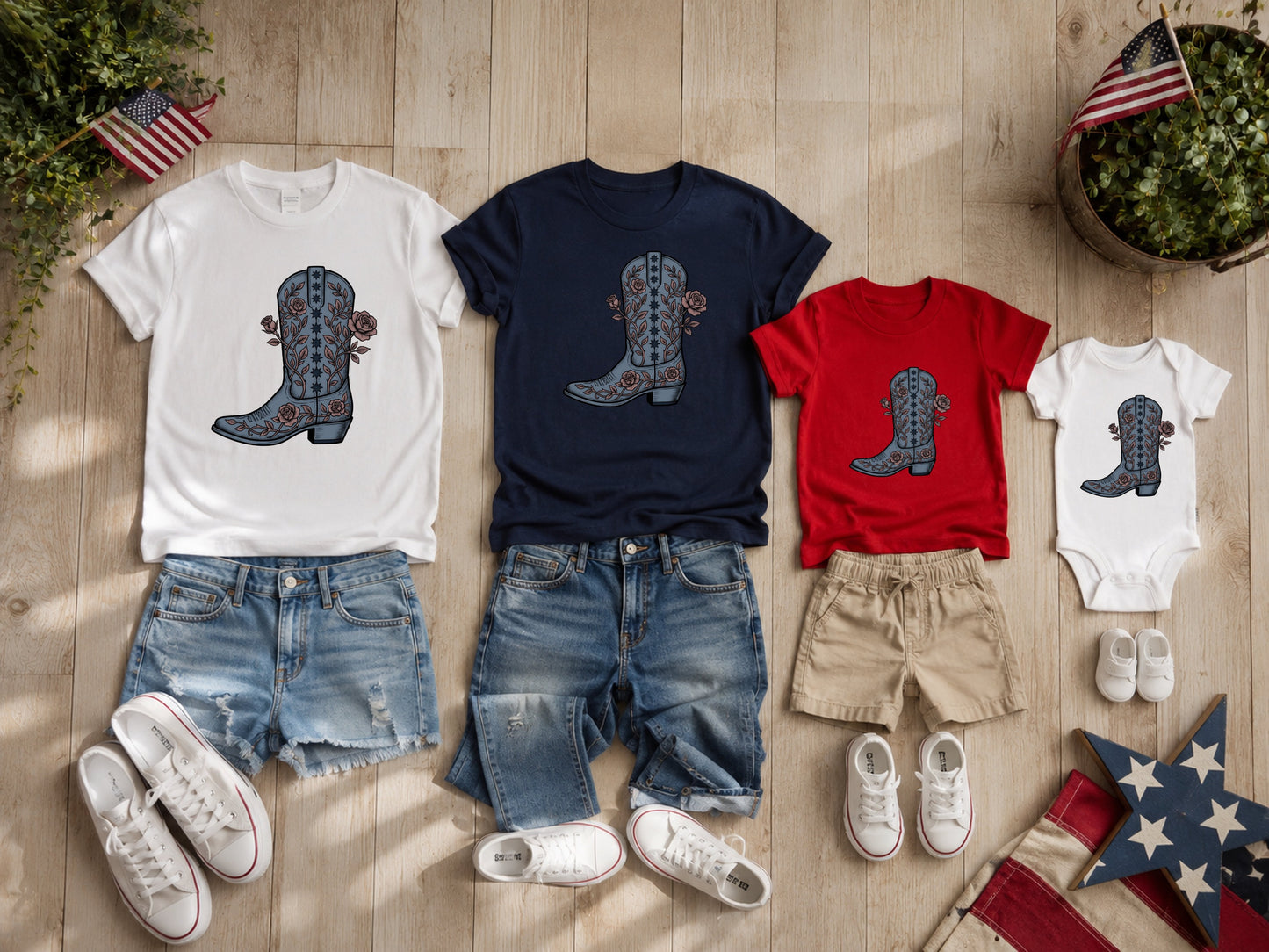 Cowboy boot graphic t-shirts and denim shorts for adults and babies.