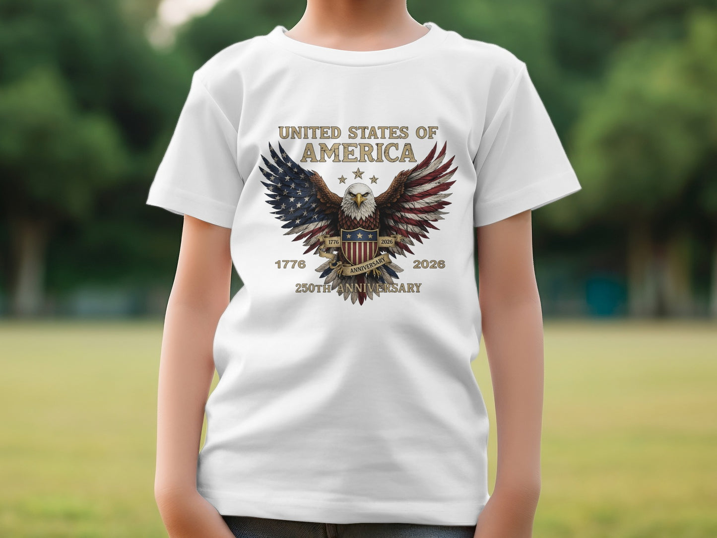 White t-shirt with "United States of America" eagle crest, 1776-2026 250th anniversary.
