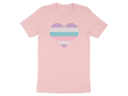 Pink t-shirt with a horizontal striped heart in pastel blue, purple, and pink.
