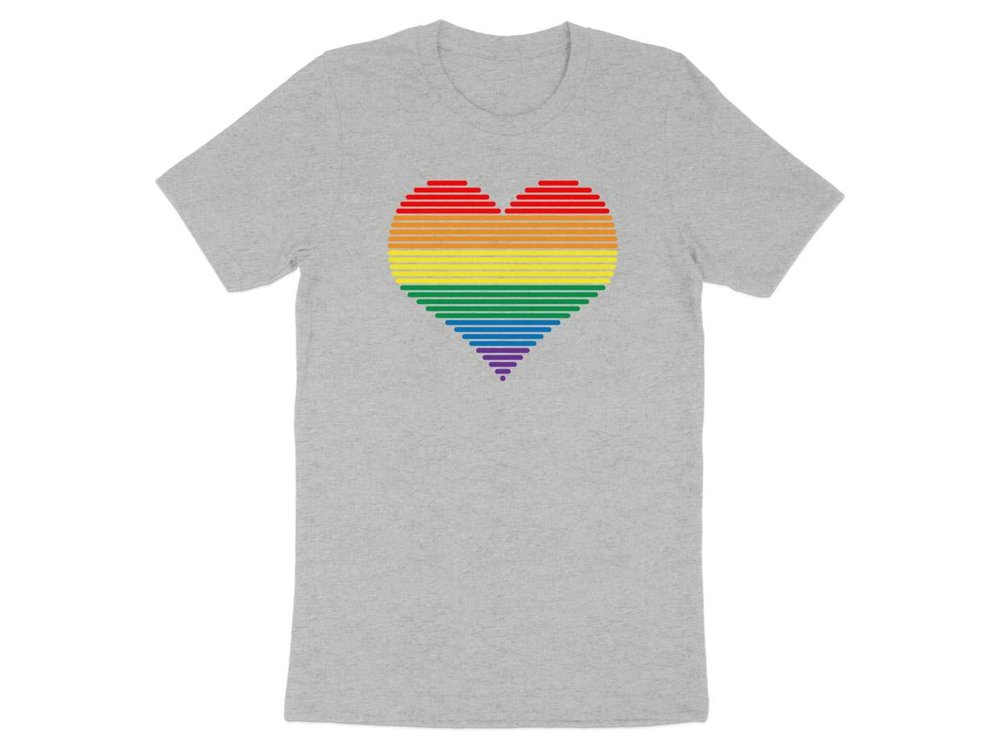Gray t-shirt with a rainbow heart made of horizontal stripes.