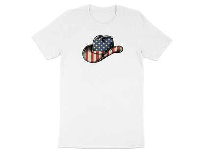 White t-shirt with a cowboy hat featuring the American flag design.