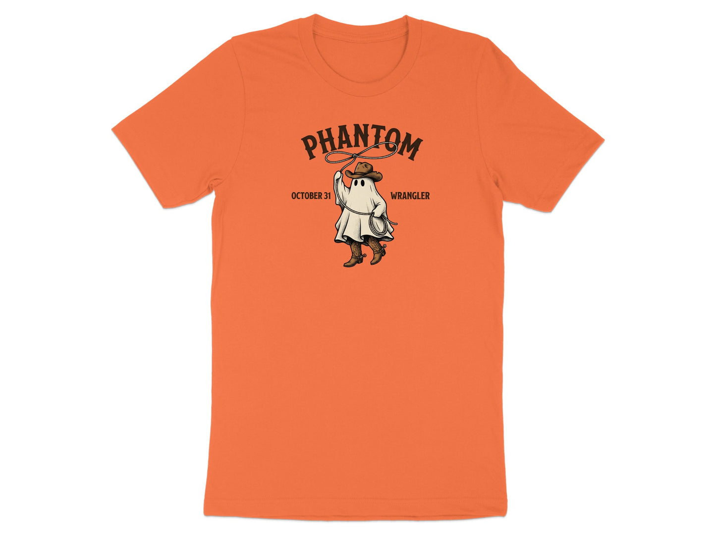 T-shirt with "Phantom Wrangler October 31" text and cowboy ghost graphic.