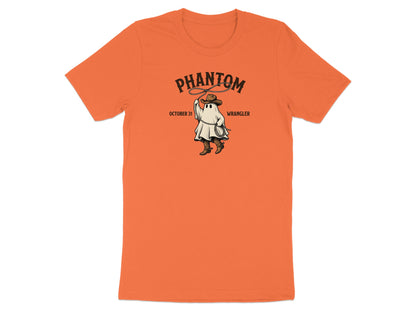 T-shirt with "Phantom Wrangler October 31" text and cowboy ghost graphic.