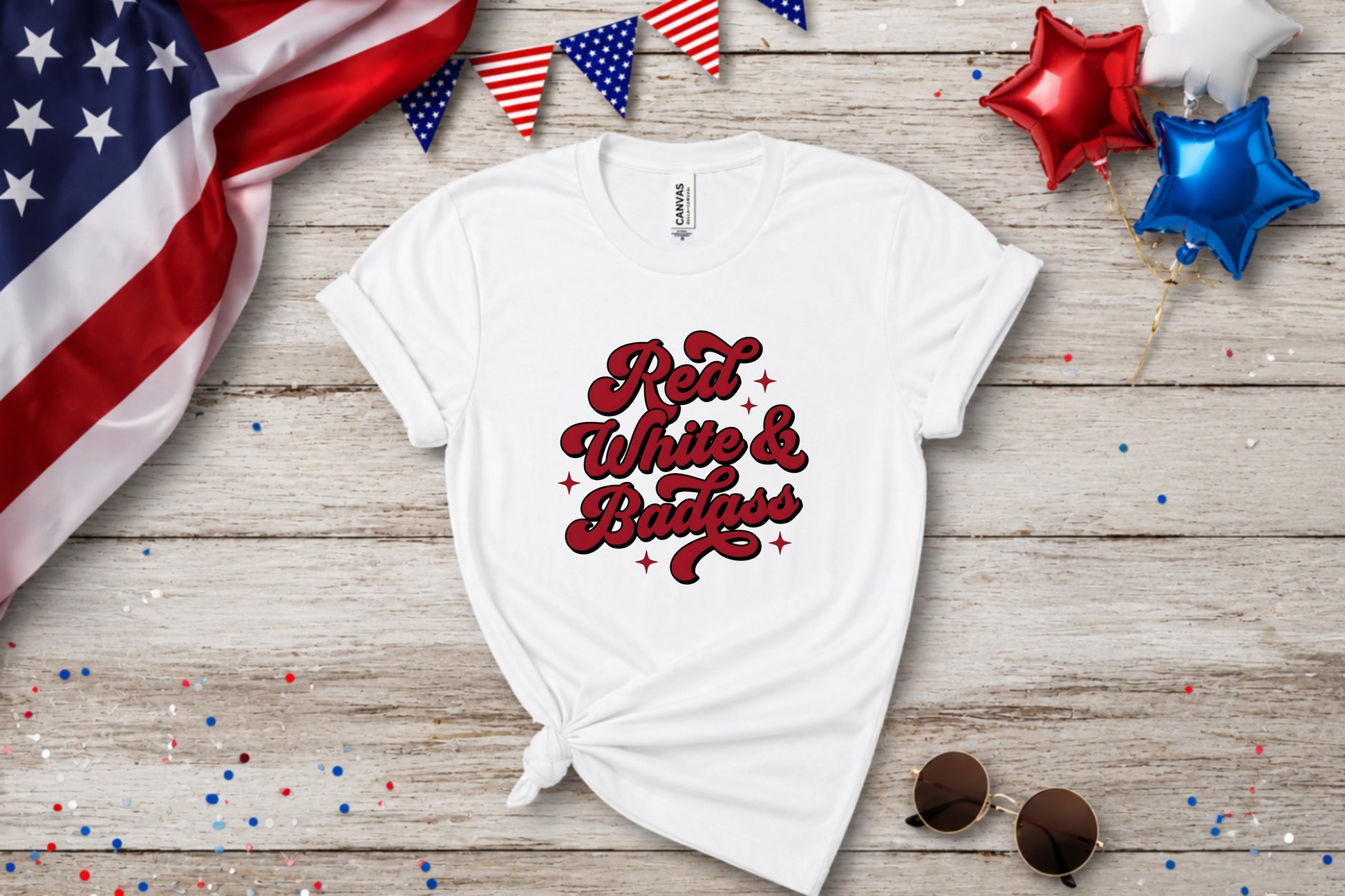 White t-shirt with "Red White & Badass" text, patriotic decorations, and sunglasses.