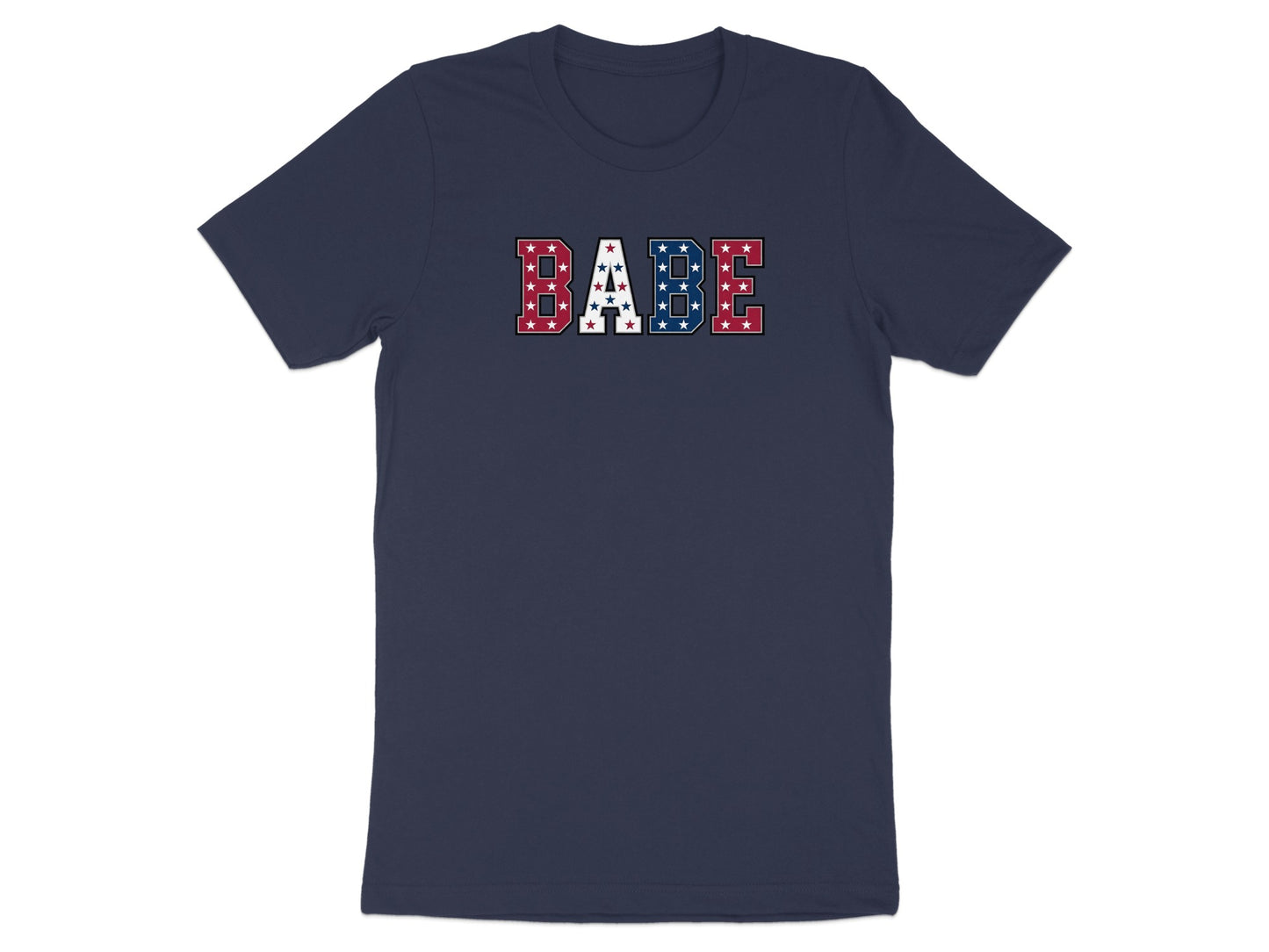Navy t-shirt with red, white, and blue stars spelling "BABE".