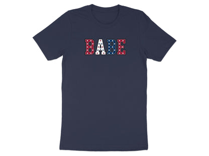 Navy t-shirt with red, white, and blue stars spelling "BABE".