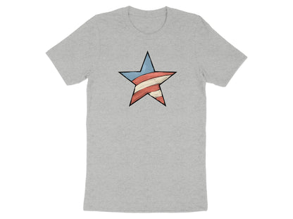 Grey t-shirt with a distressed red, white, and blue striped star graphic.