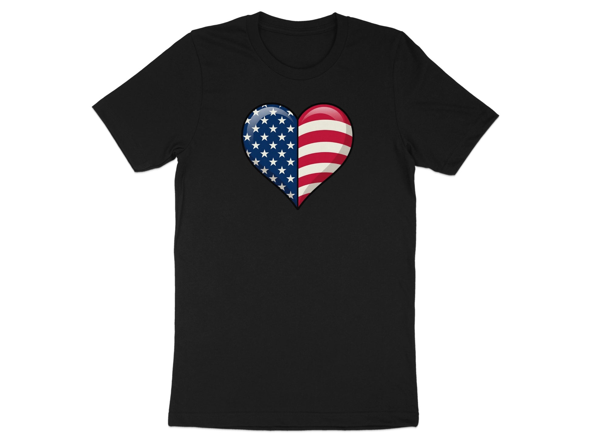 Black t-shirt with a heart-shaped American flag graphic.