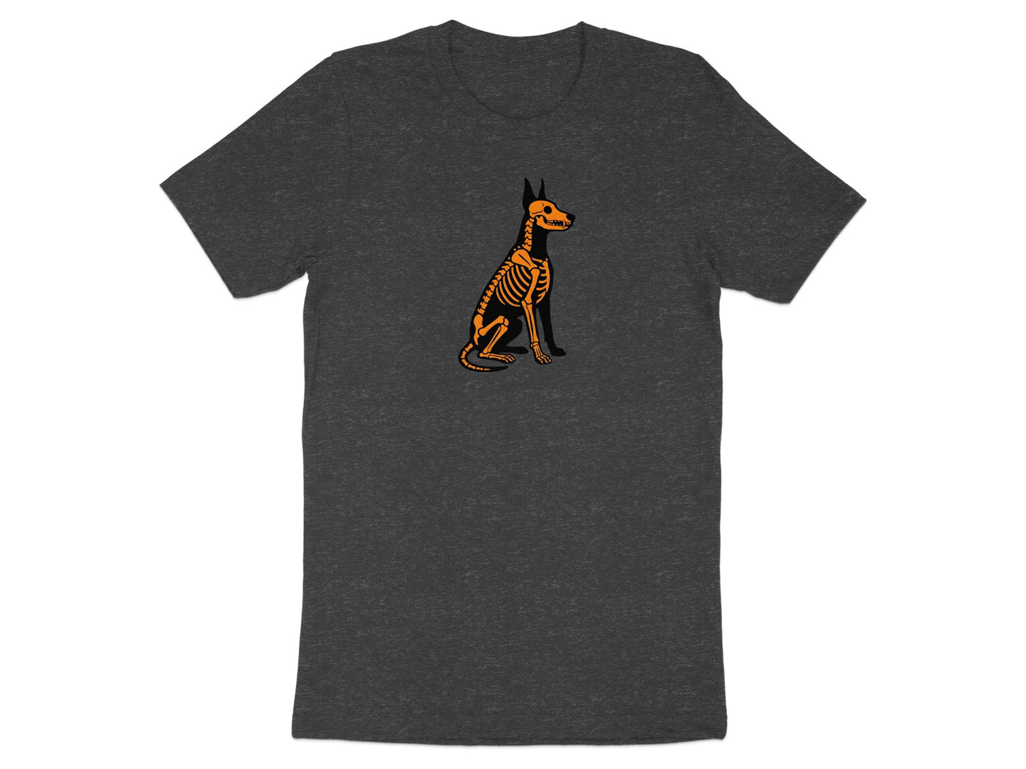 Dark grey t-shirt with a sitting skeleton dog graphic in orange and black.