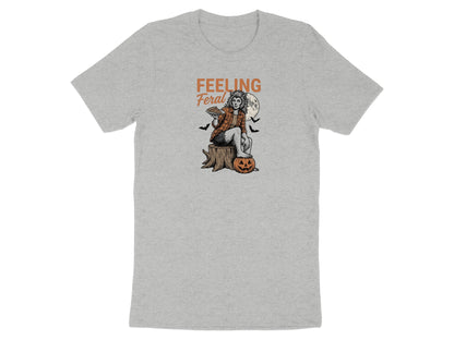 Grey t-shirt with "FEELING Feral" text and werewolf holding pizza.