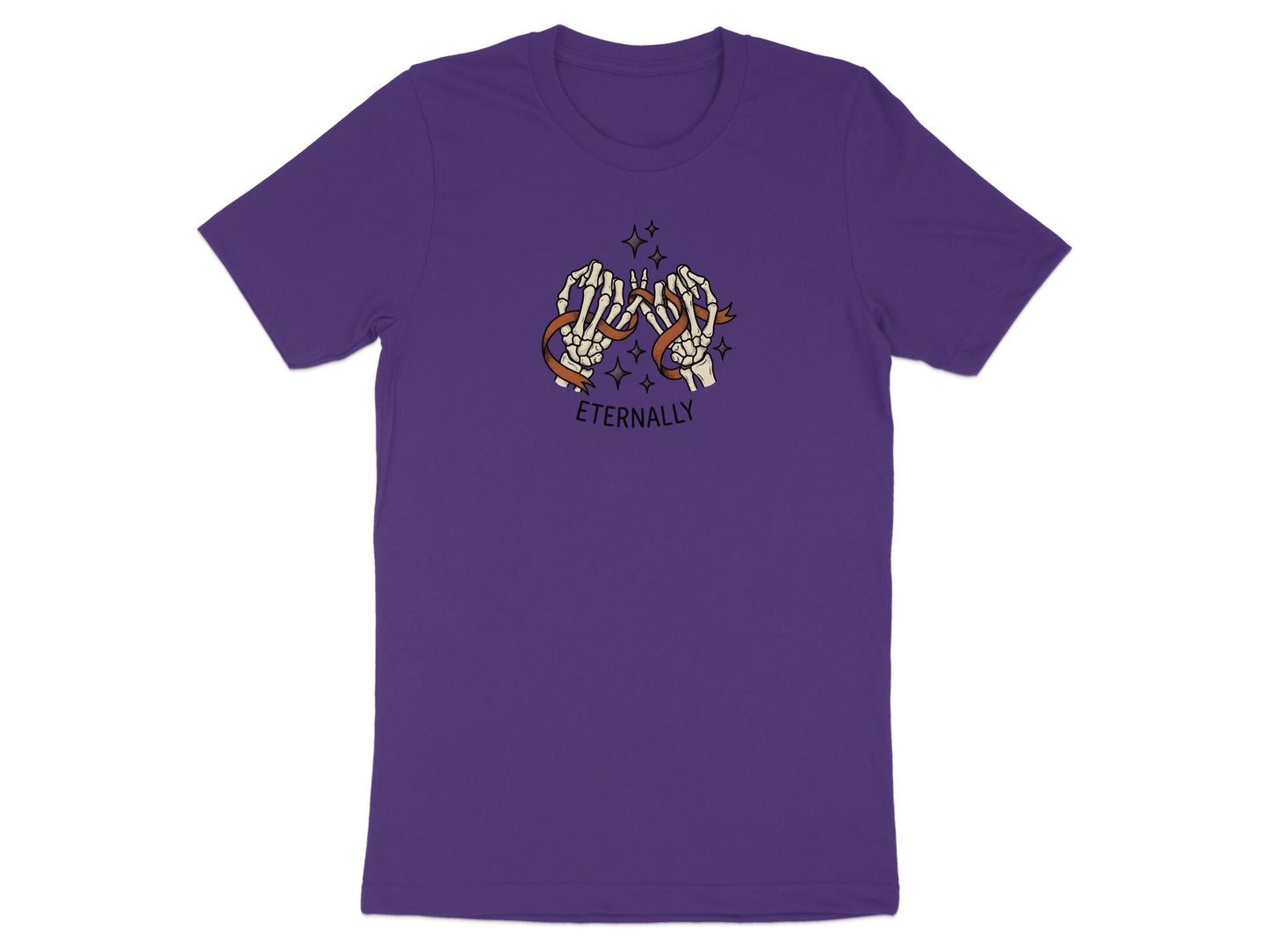 Purple t-shirt with skeleton hands making a pinky promise, ribbon, and stars.