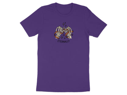 Purple t-shirt with skeleton hands making a pinky promise, ribbon, and stars.