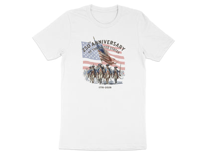 White t-shirt with a colonial march graphic and "250th Anniversary of the United States 1776-2026" text.