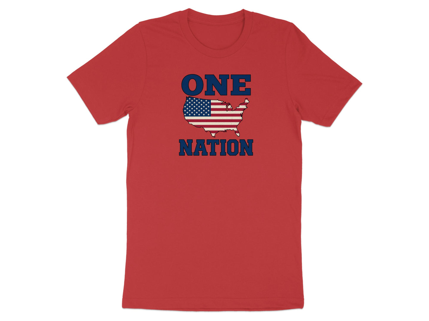Red t-shirt with "ONE NATION" text and American flag map.