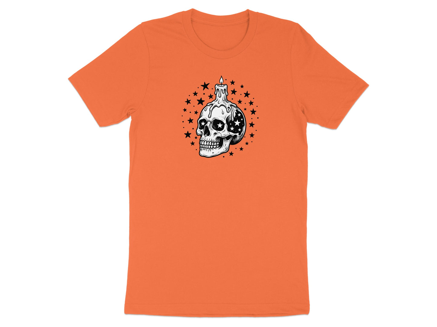 Orange t-shirt with skull wearing a melting candle and stars graphic.