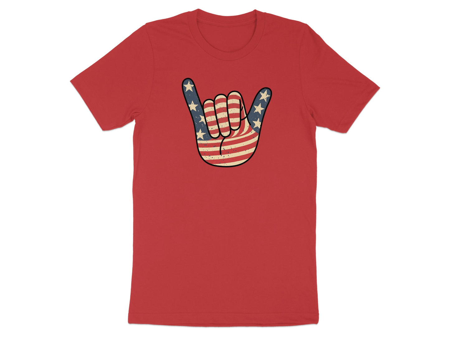 Red t-shirt with a rock on hand symbol featuring a distressed American flag pattern.