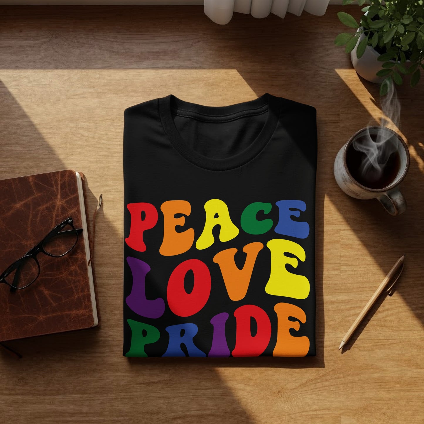 Black t-shirt with "Peace Love Pride" in rainbow colors.
