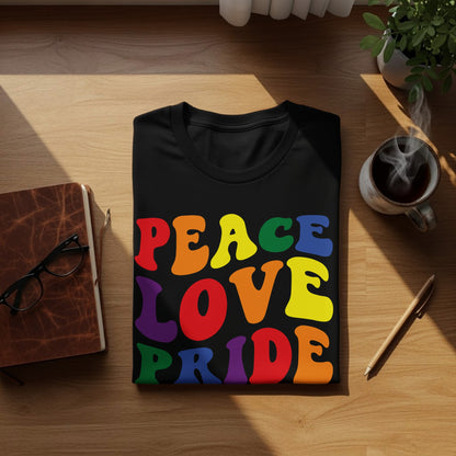 Black t-shirt with "Peace Love Pride" in rainbow colors.