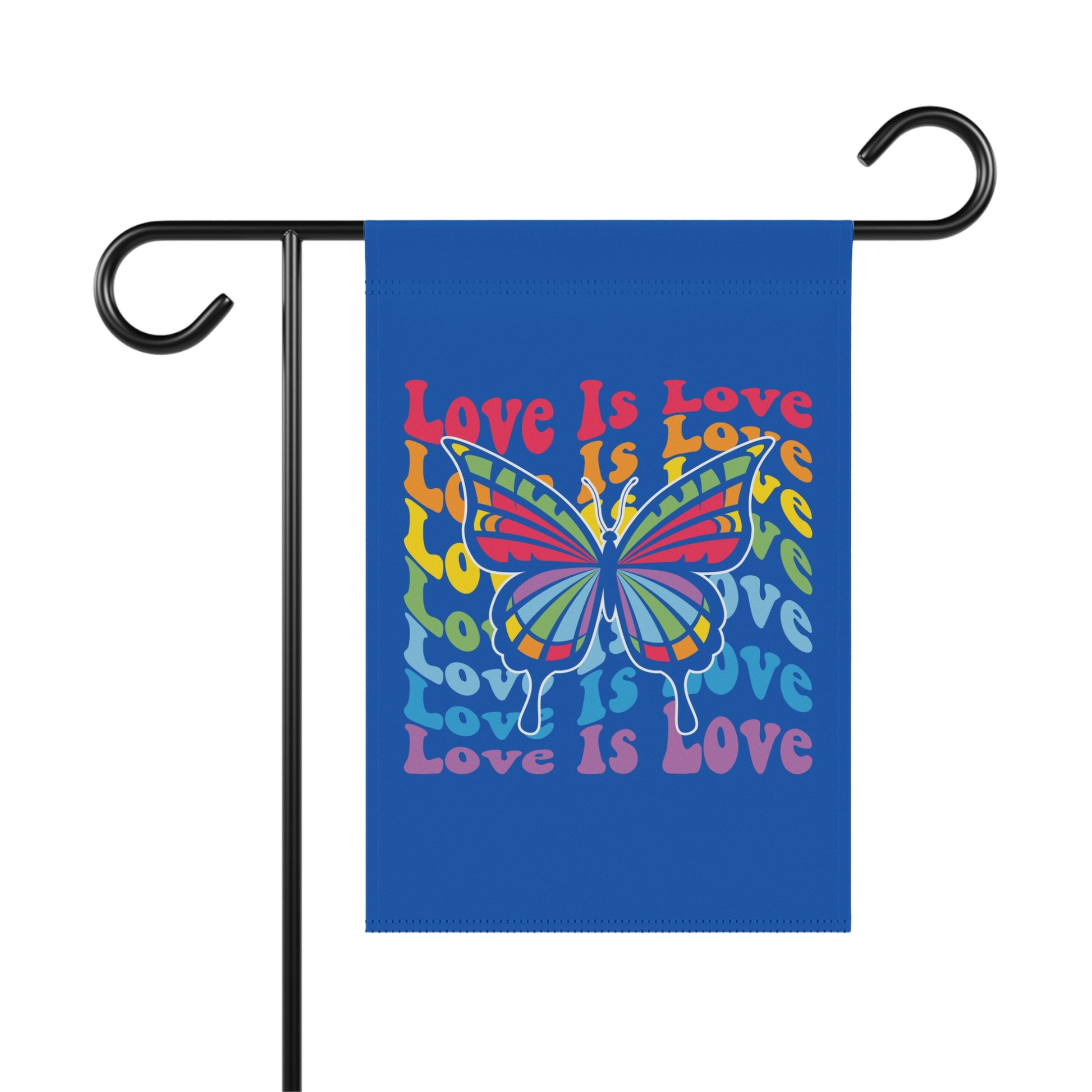 Garden flag with colorful butterfly and "Love Is Love" text.