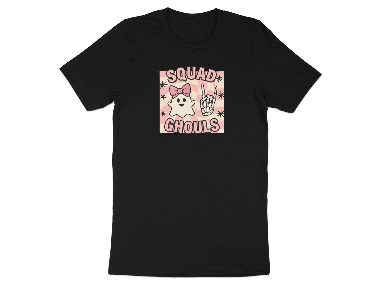 Black t-shirt with "Squad Ghouls" text and a cute ghost graphic.