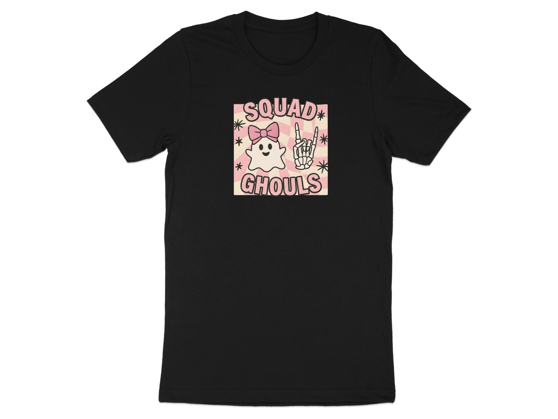 Black t-shirt with "Squad Ghouls" text and a cute ghost graphic.