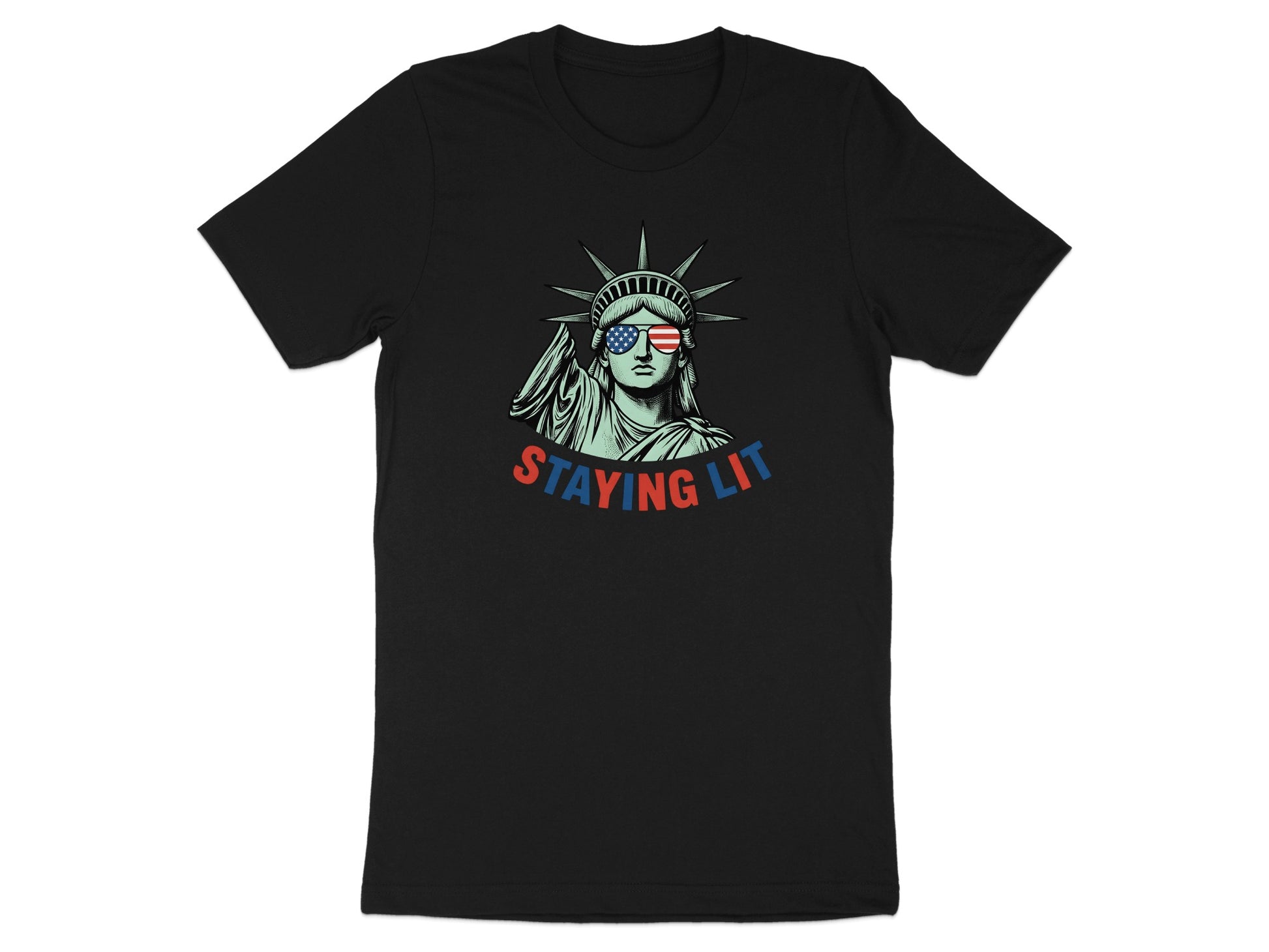 Black t-shirt with Statue of Liberty wearing sunglasses with American flag design.