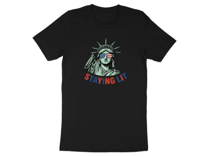 Black t-shirt with Statue of Liberty wearing sunglasses with American flag design.