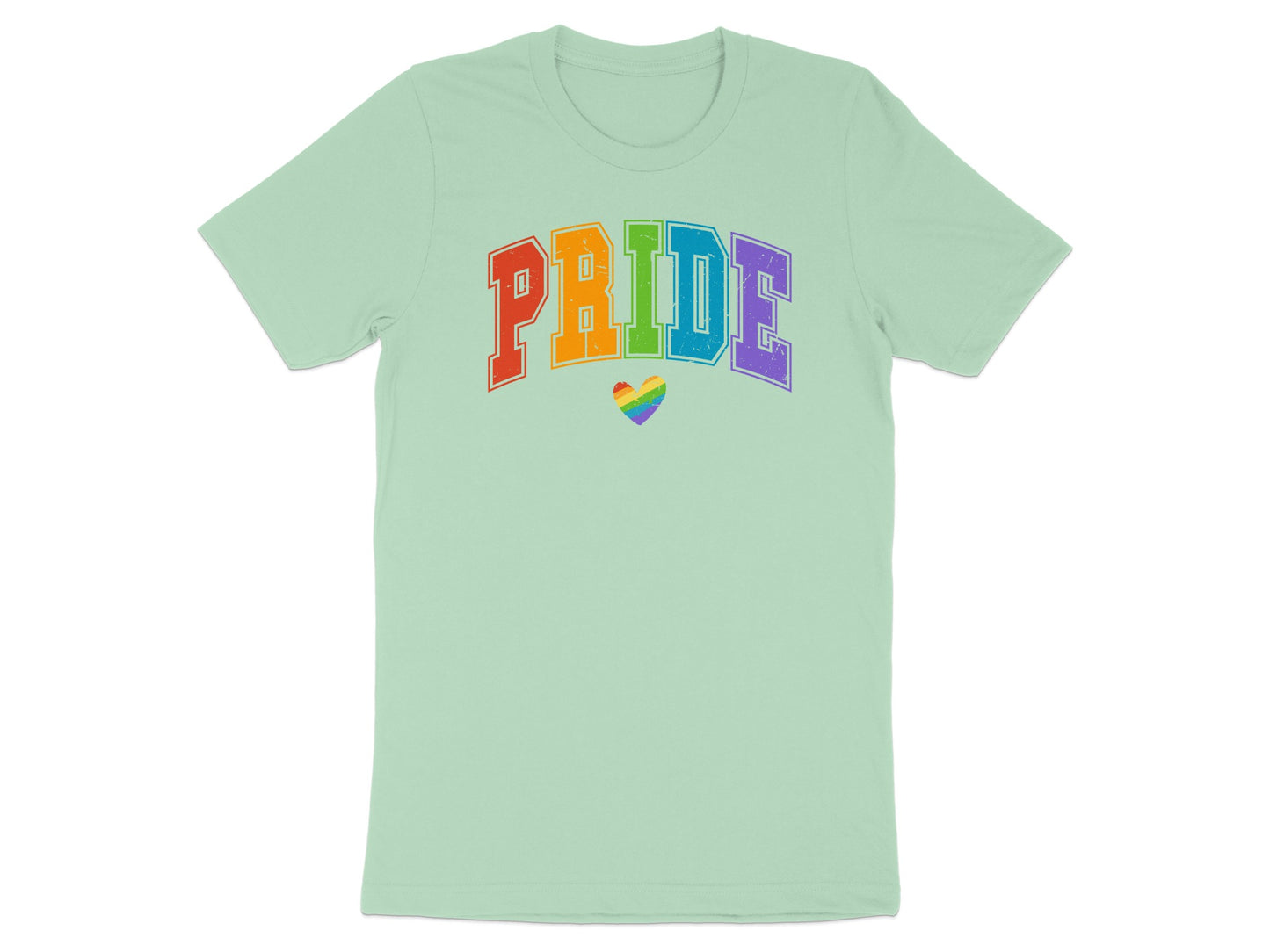 Light green t-shirt with "PRIDE" in rainbow letters and a heart.