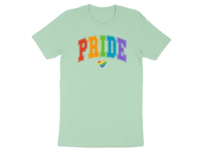 Light green t-shirt with "PRIDE" in rainbow letters and a heart.