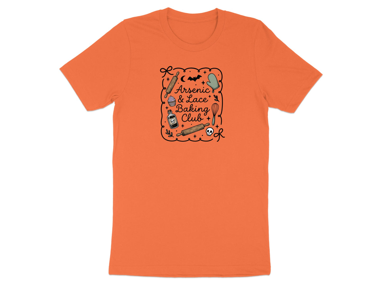 Orange t-shirt with "Arsenic & Lace Baking Club" text and baking icons.
