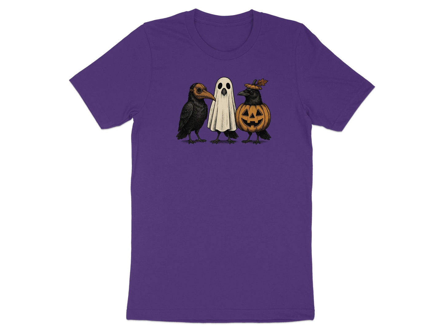 Three crows dressed as a plague doctor, ghost, and jack-o'-lantern on a purple t-shirt.