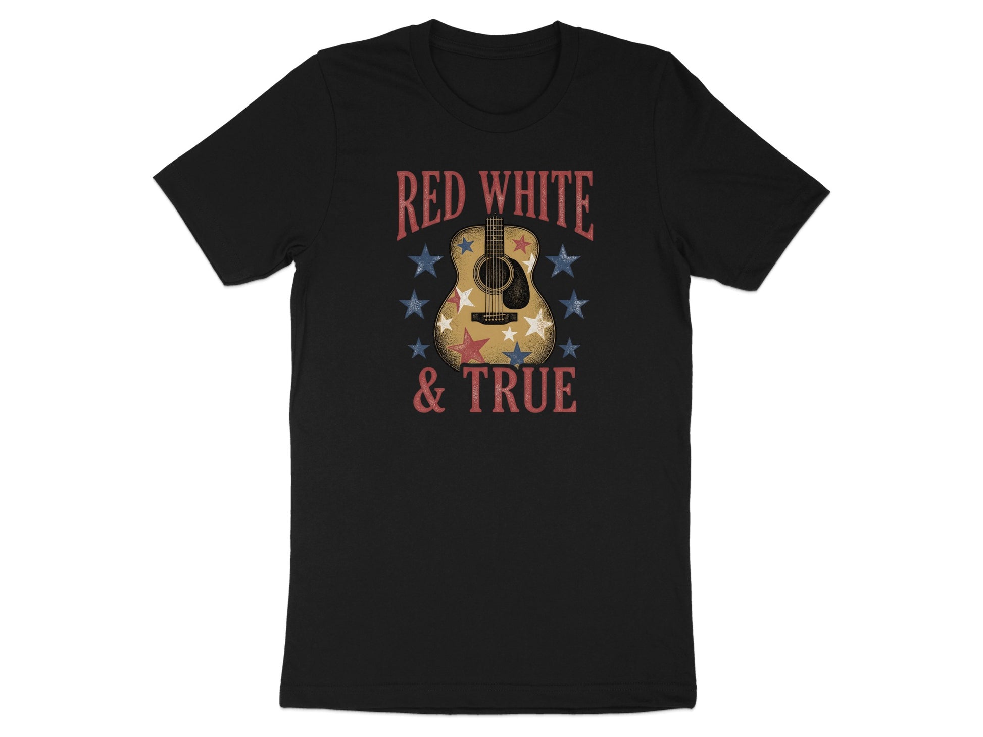 Black t-shirt with "RED WHITE & TRUE" and a patriotic guitar design.